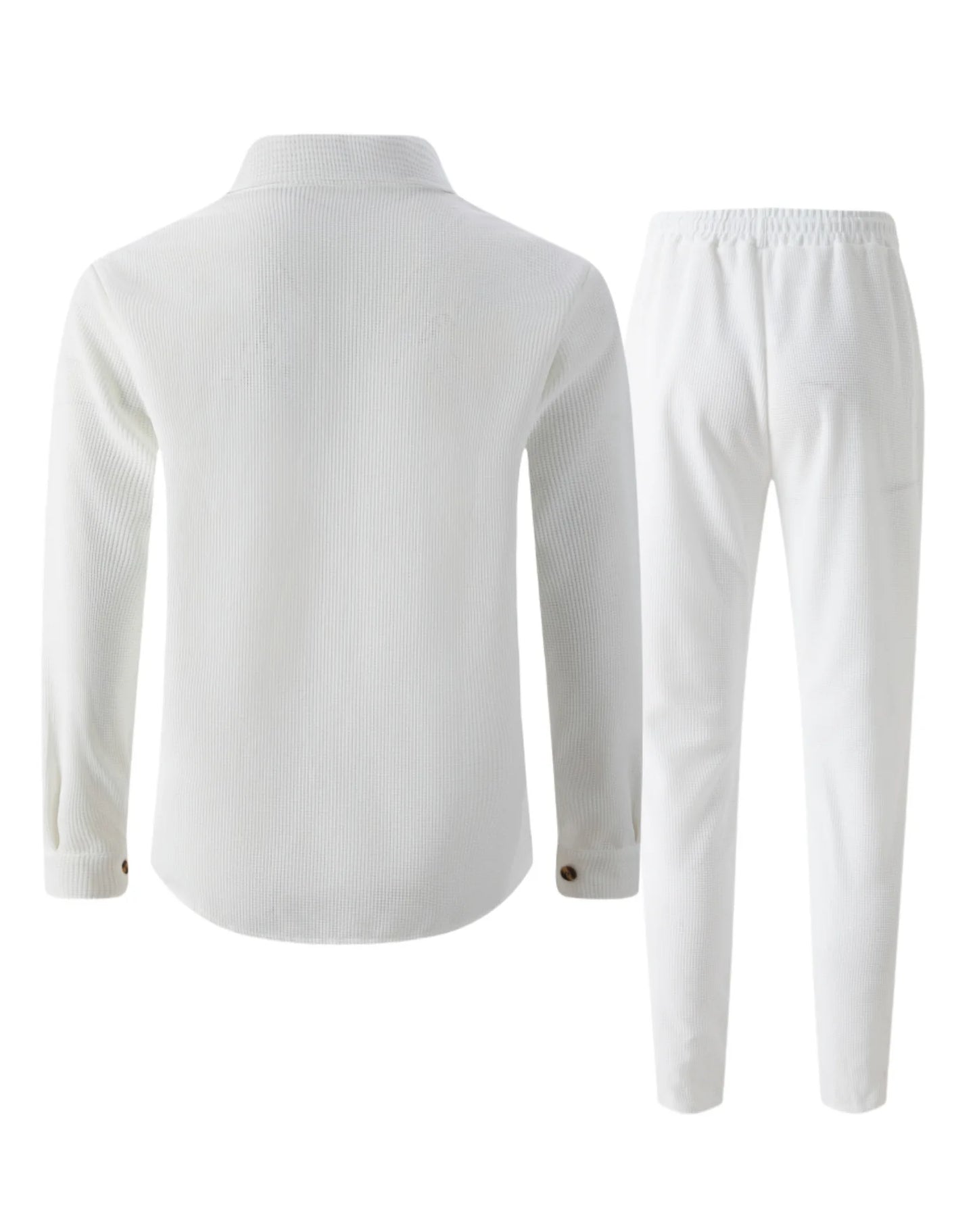 Men's casual two-piece waffle texture suit (including button-down top and elastic waist pants) - fashionable street casual sport