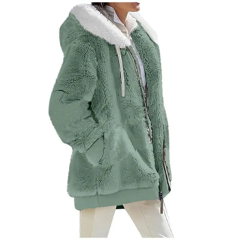Women's Hooded Fleece Zip Jacket, Casual Winter Coat