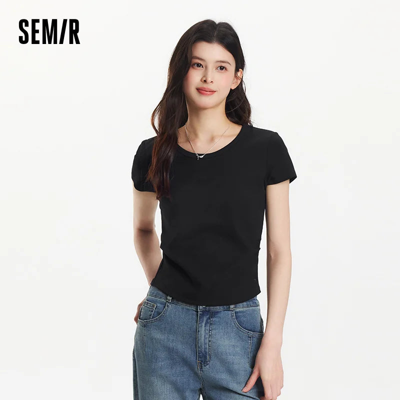 Semir Short Sleeve T-Shirt Women Cropped Slim Fit Shoulder Fit Design 2026 New Summer Embroidered Top Versatile for Chic Outfits