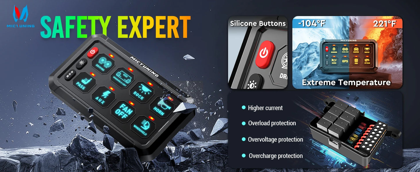 MICTUNING P1S-R 6/8 Gang Switch Panel RGB Colors Adjustable Brightness Switch Momentary Circuit Control Relay System Box For SUV