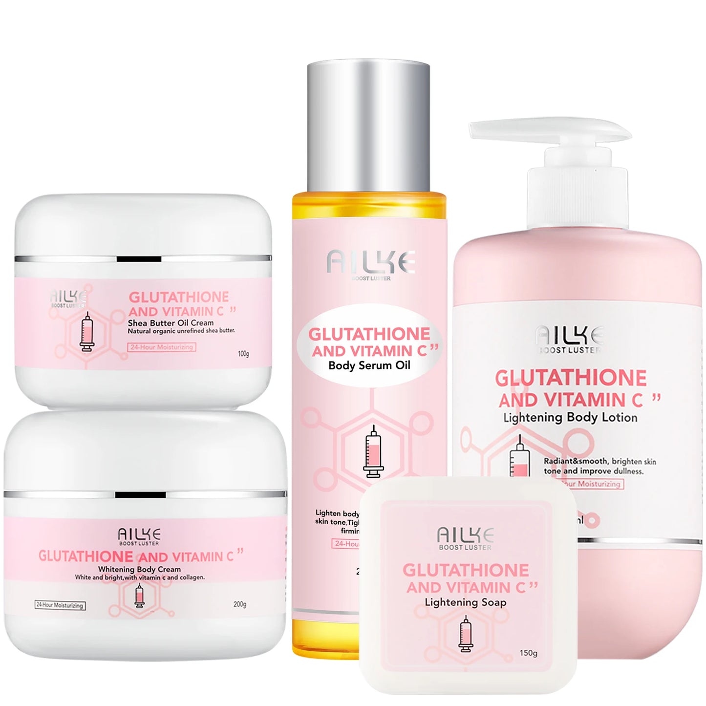 AILKE Glutathione & Vitamin C Brightening Skincare Kit – Whitening Body Lotion, Cream, Serum, Soap & Spa Oil Set