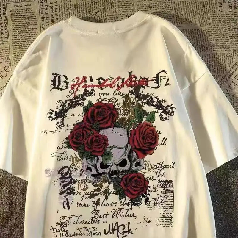 Women's Cotton Skull-Print T-Shirt — Retro Round-Neck Short-Sleeve Top