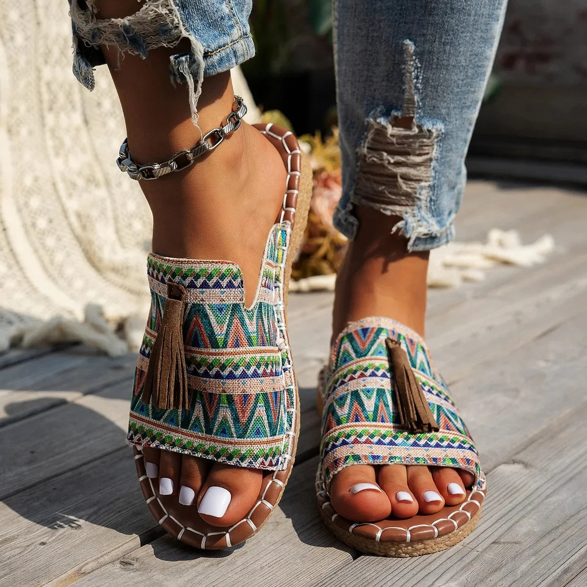 Bohemian Tassel Slide Slippers for Women — Flat Beach Sandals, Plus Size