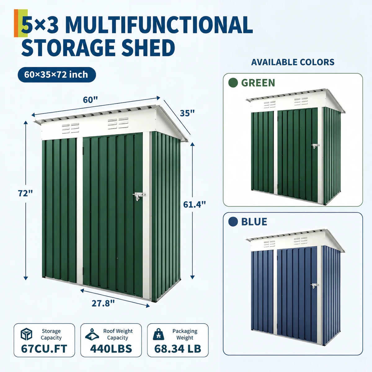 Heavy-duty 5x3 ft lockable metal storage shed — view 15 of 18