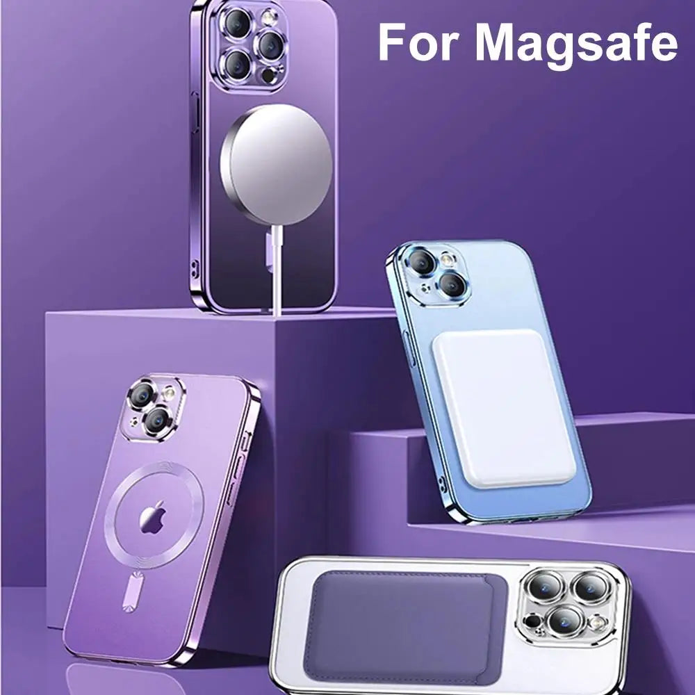 Magnetic Plating Phone Case Compatible with iPhone 11 to 16 Pro Max - Camera Lens Protector, MagSafe Wireless Charging Cover