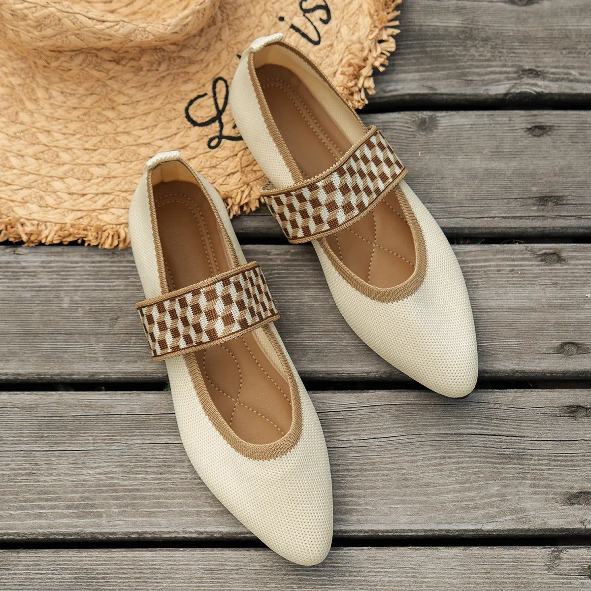 Knitted Ballet Flats for Women — Pointed-Toe Color-Block Slip-On Loafers