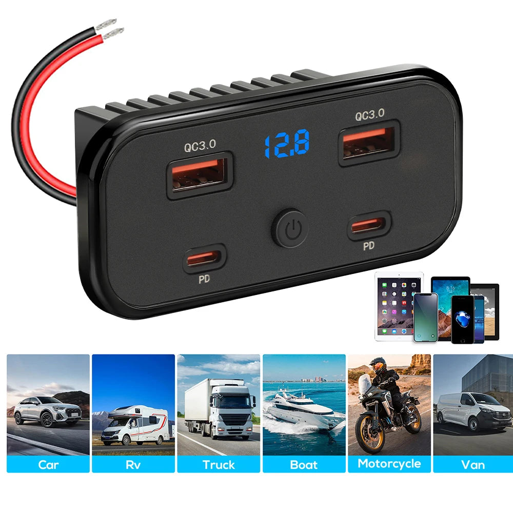 12V-24V 4 Ports Dual USB PD3.0 QC3.0 Outlet 76W Type-C Quick Charge Panel Wall Mount Charger Adapter for Marine Bus ATV Truck RV