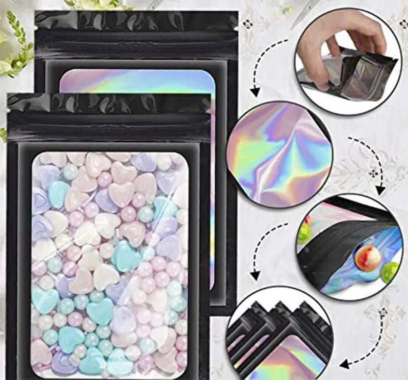 100Pcs Holographic Ziplock Bag Plastic Laser Iridescent Zip Bags for Manicure Eyelash Display Earrings Ring Jewelry Stoage Bags