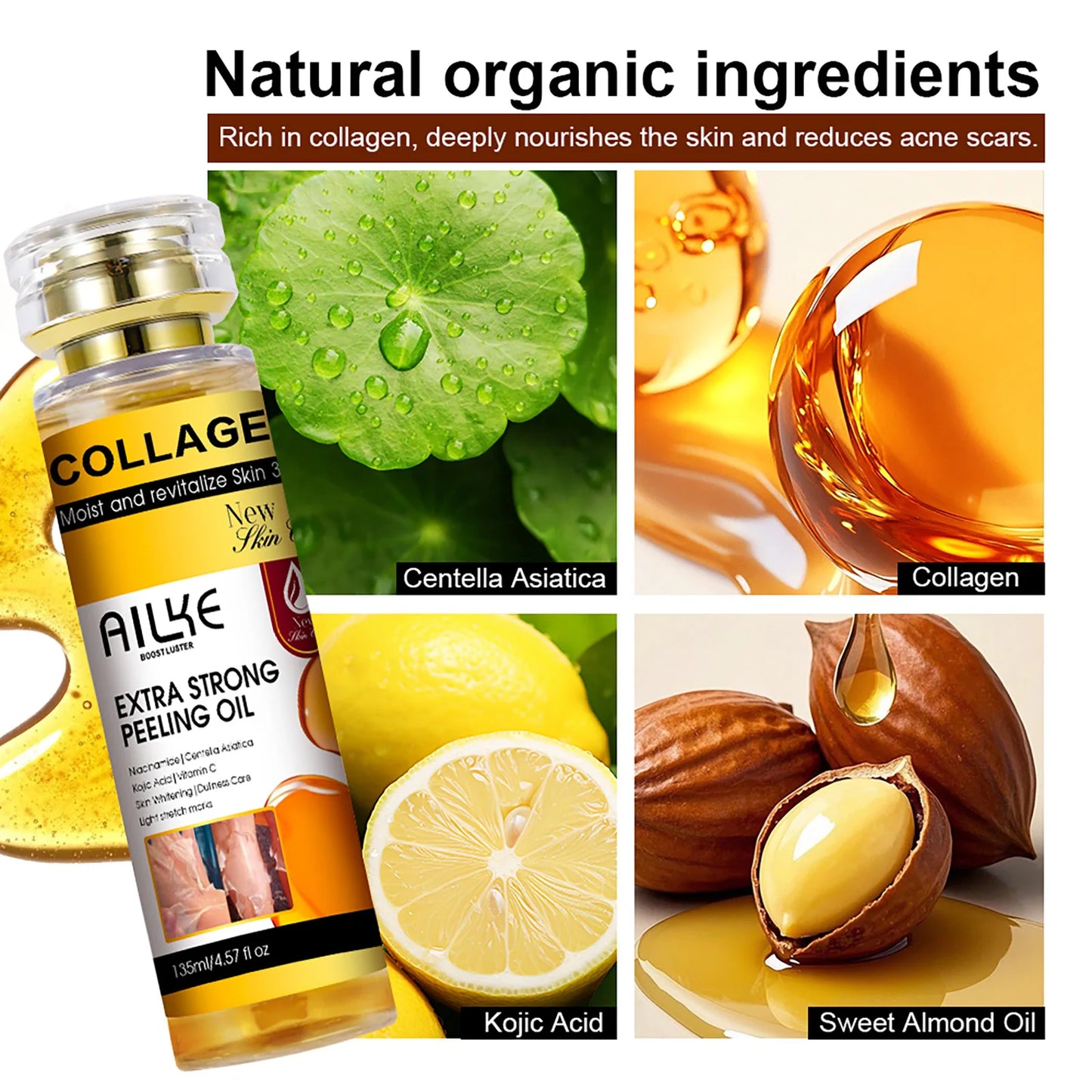 AILKE Collagen & Kojic Acid Peeling Oil 135ml – Whitening, Exfoliating & Brightening for Face, Body, Hands & Feet | All Skin Types