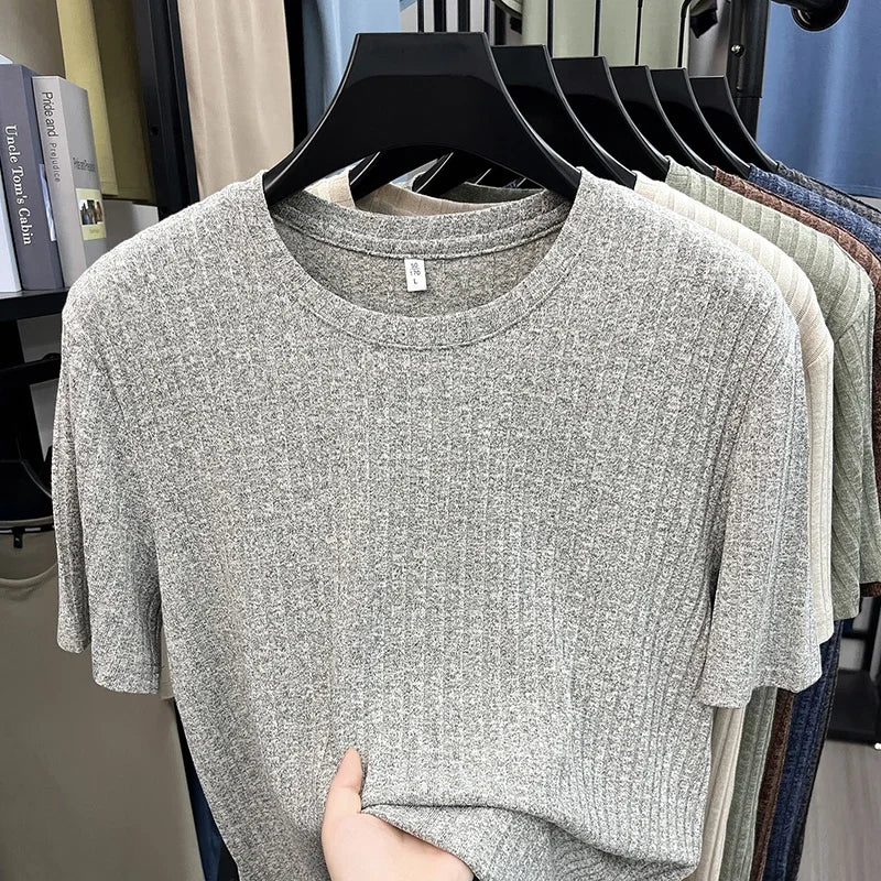 Men's Ribbed Knit Tee - O-Neck Stripe, Lightweight Breathable