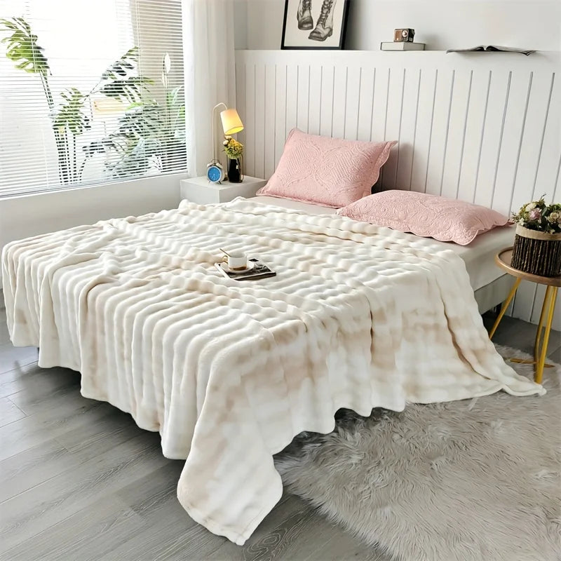 Faux Rabbit Fur Throw Blanket, Thick Plush Bed Blanket