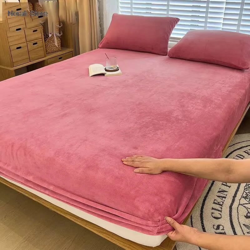 Soft warm plush fitted sheet elastic mattress cover fluffy coral fleece bed linen winter couple luxury double bed bedding﻿﻿