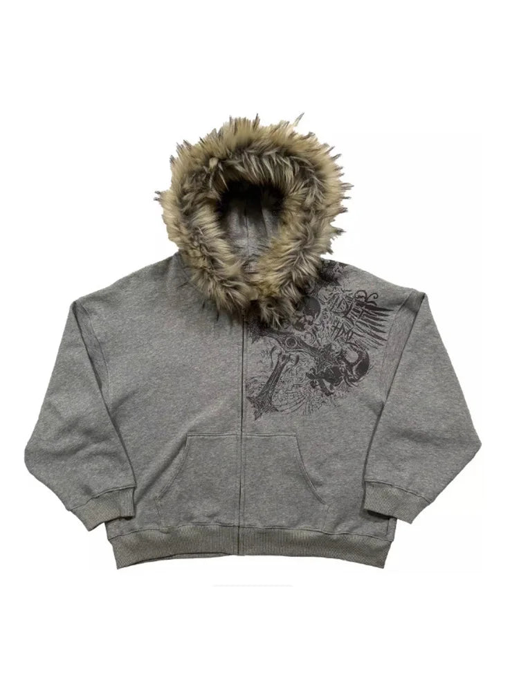 Women's Faux Fur Collar Zip-Up Hoodie, Gothic Streetwear