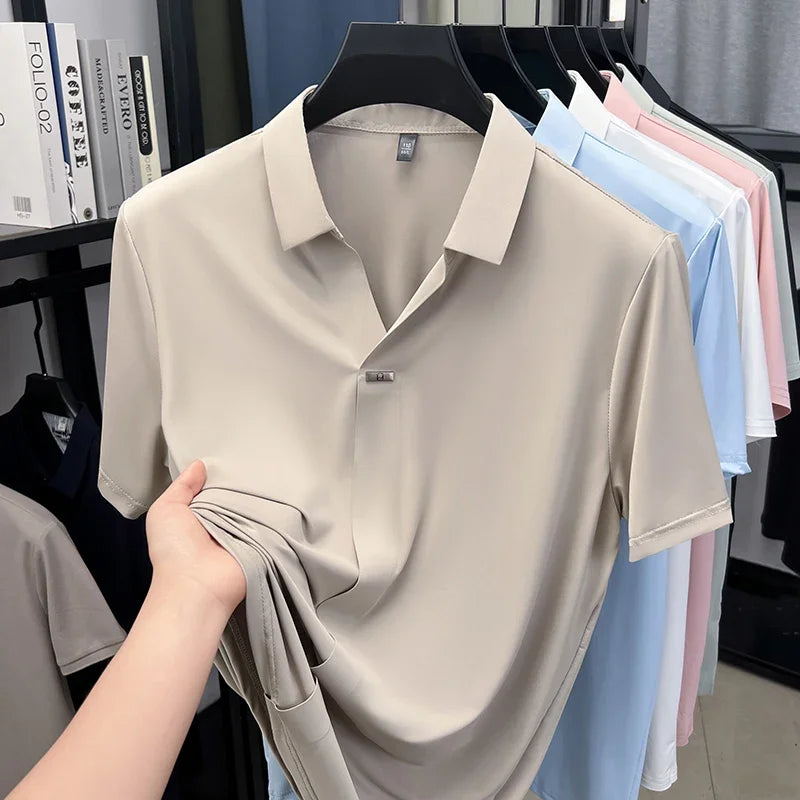 Men's Slim-Fit Lapel Polo - Metal-Bar Placket, Seamless Smooth Knit