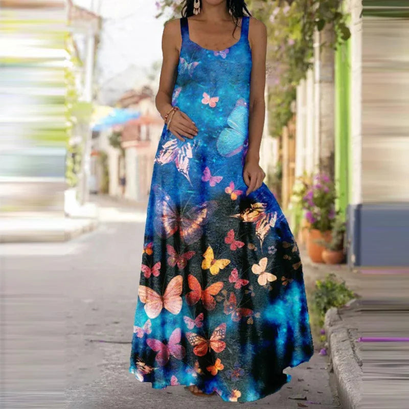 Women's Butterfly-Print Maxi Dress - Sleeveless, Casual Summer