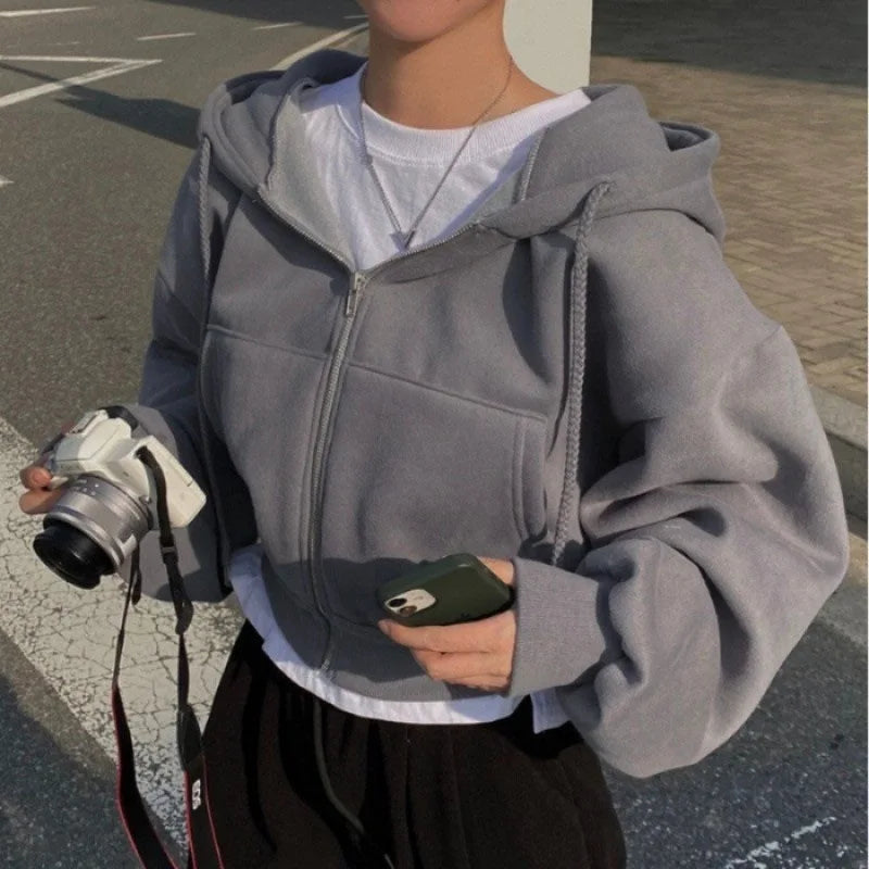 Women's Fleece-Lined Cropped Zip-Up Hoodie