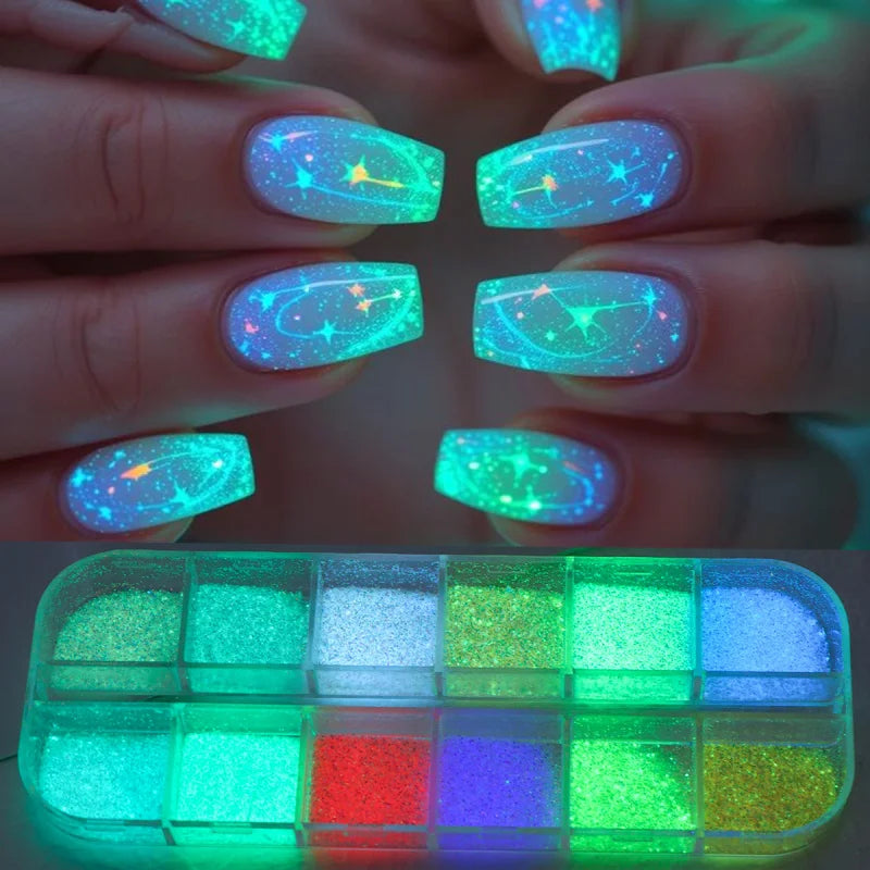12 Grids Glowing in The Dark Glitter Shiny Holographic Sugar Nail Powder Luminous Effect Nail Art Chrome Pigment Flakes Dust