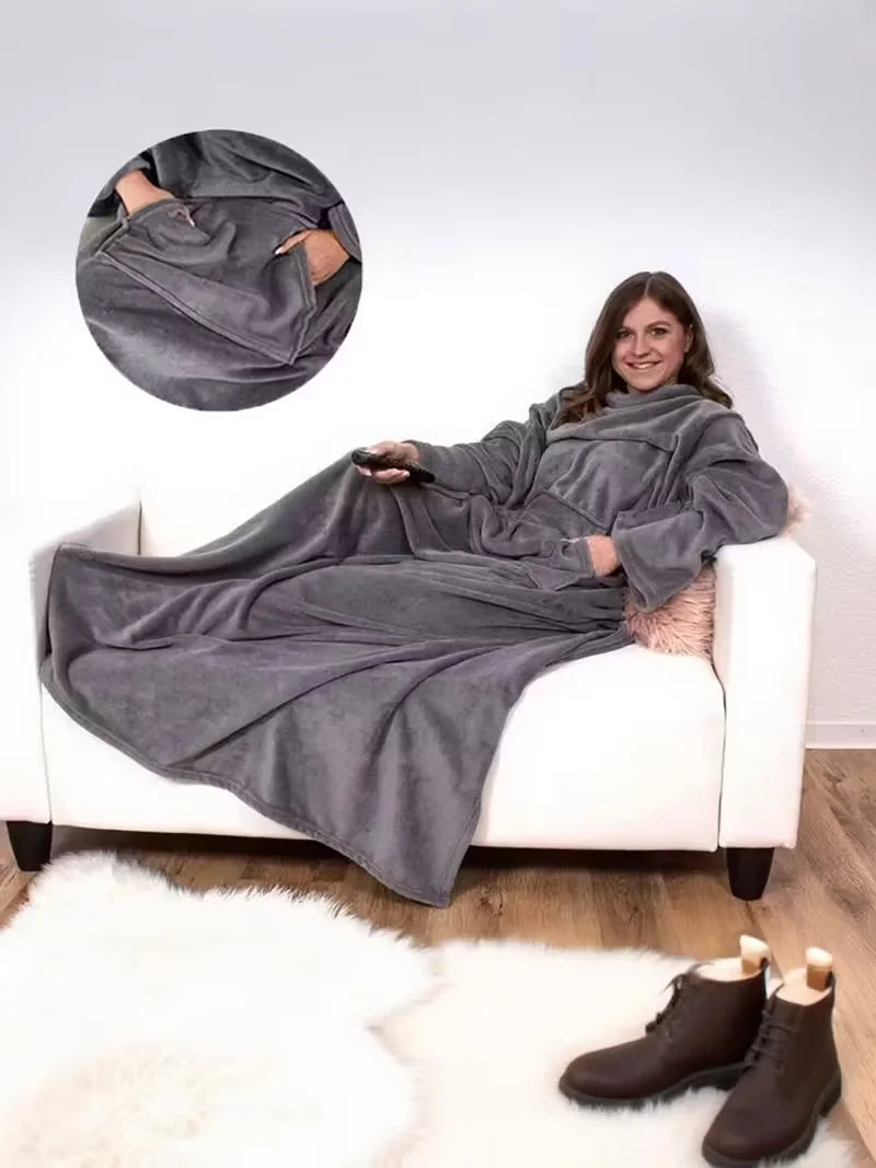 Wearable Sleeved Blanket with Large Pocket - Flannel Sofa Blanket