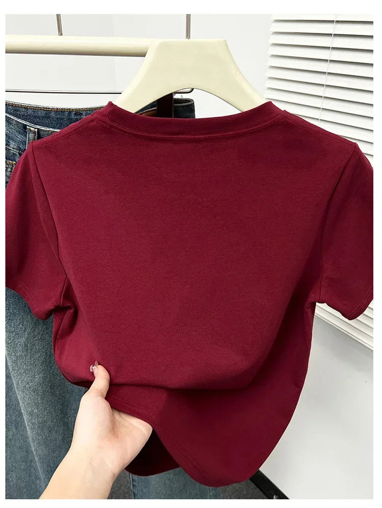 Women's solid short sleeve tee, casual Y2K — view 20 of 20