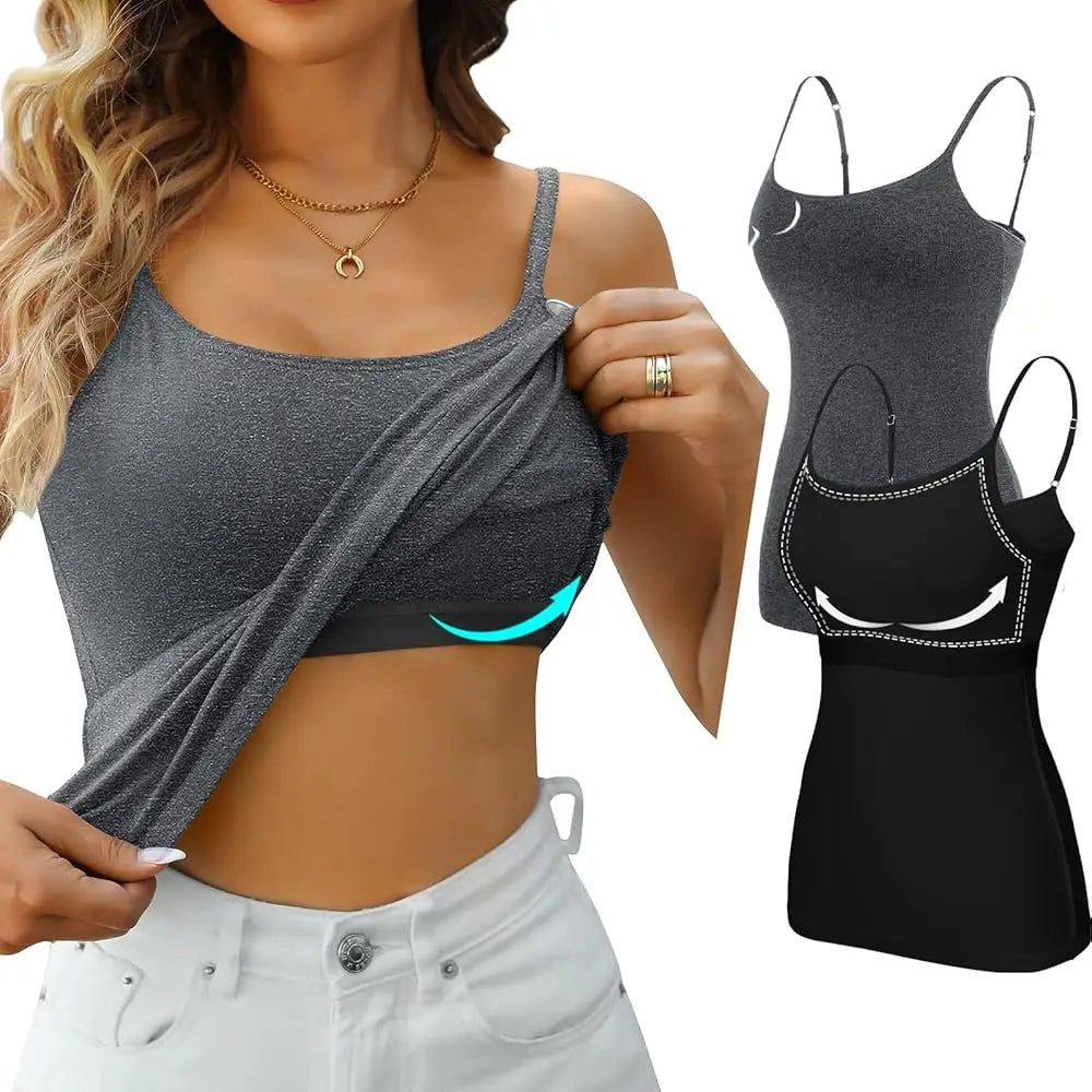 Anfilia Women Camisole 2PCS Solid Adjustable Spaghetti Straps with Shelf Bras 95% Cotton Soft Casual High Elastic Tank Tops