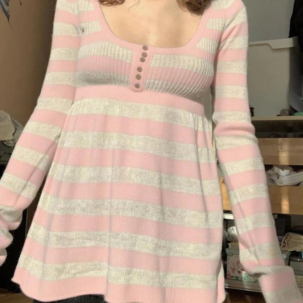 Women's Striped Long Sleeve Knit Top, Black and White