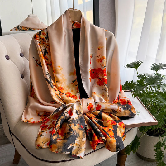 Latest Spring High Quality Soft Silk Scarf Women Ladies Elegant Floral Scarf Fashion Shawl Beach sun Protection Designer Scarf