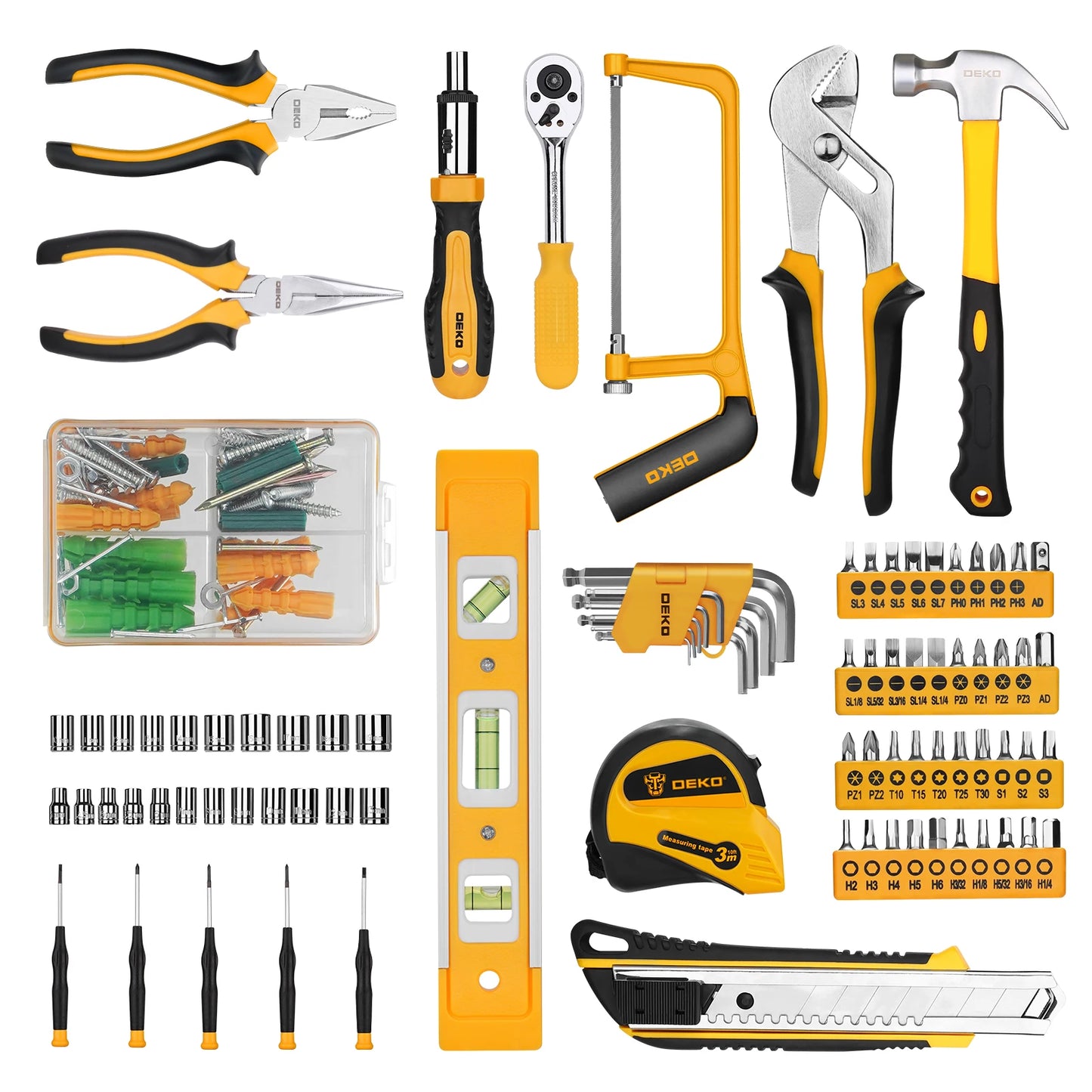 DEKOPRO 228-Piece Home Tool Kit – Socket Wrench Set, Hand Tools & Auto Repair Combination with Plastic Toolbox Storage Case