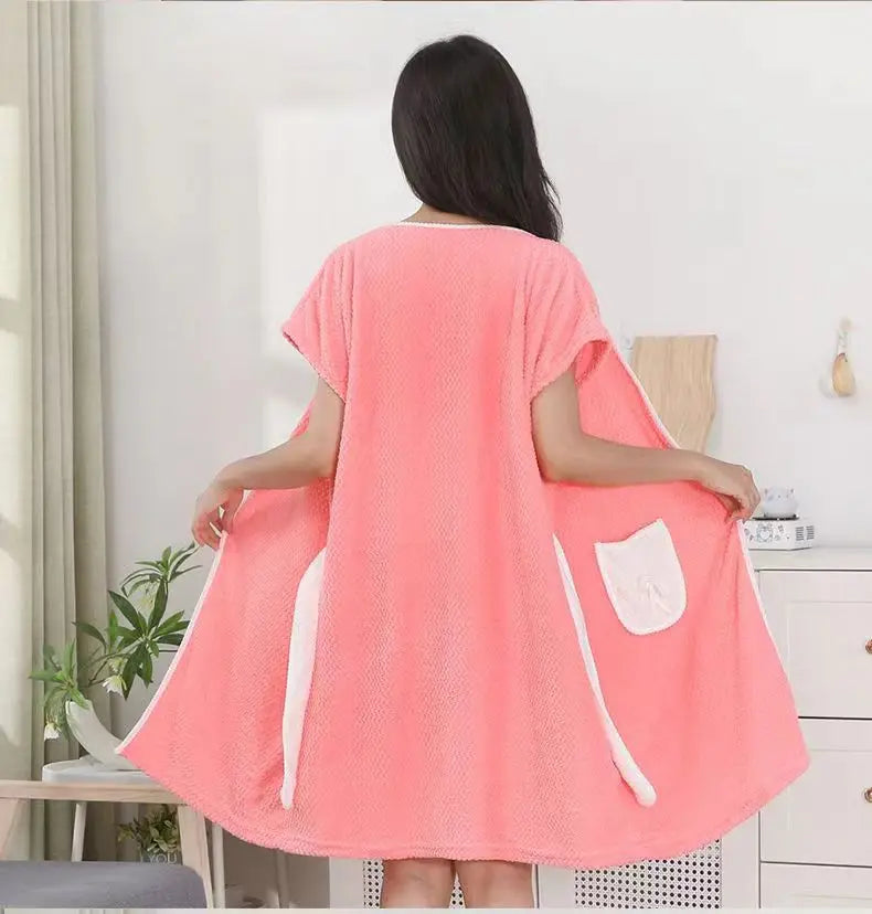 Women's Coral Fleece Bathrobe Wrap - Soft Strap Bath Towel Dress - photo 2