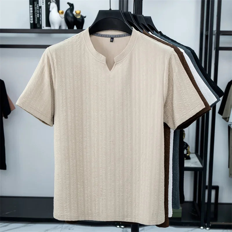 Men's Bubble-Texture Tee - Split Collar, Soft Anti-Wrinkle Stretch