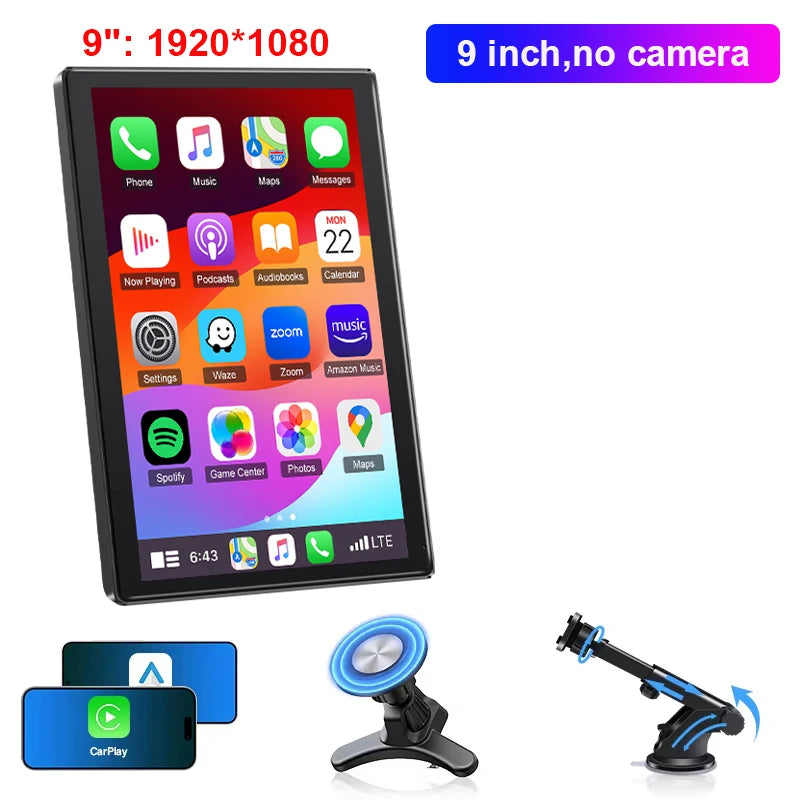 JMCQ 9" Vertical Screen Car Radio Multimedia Video Player Wireless Carplay Android Auto Magnetic bracket Car Monitors camera GPS