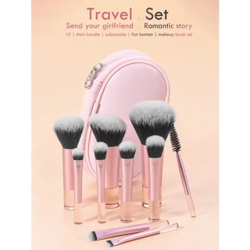 10pcs Pink Makeup Brush Set for Beginners Mini Portable Foundation Eyeshadow Brushes with Crystal Handle Includes Brush Pouch