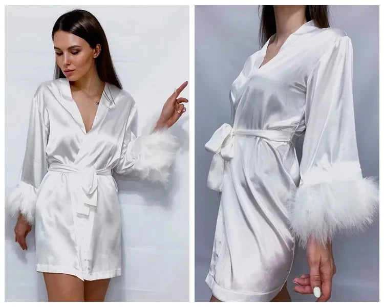 Women's Satin Robe with Feather Trim, Bridal Robe
