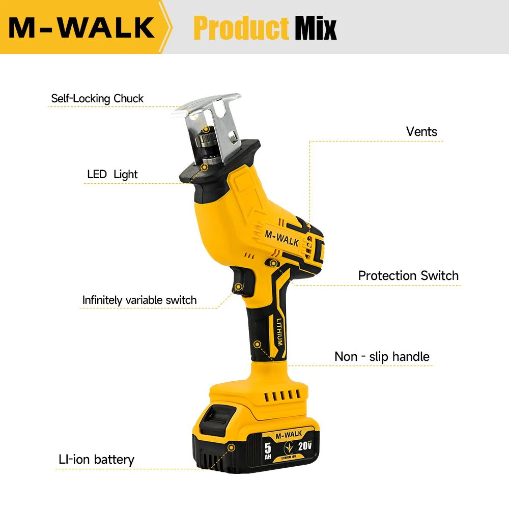 M-WALK 3000RPM Cordless Electric Reciprocating Saw Chainsaw Saber Saw Wood Metal Cutting Power Tool For Dewalt 20V Battery Pin
