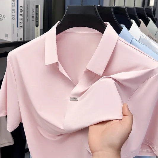 Men's Slim-Fit Lapel Polo - Metal-Bar Placket, Seamless Smooth Knit