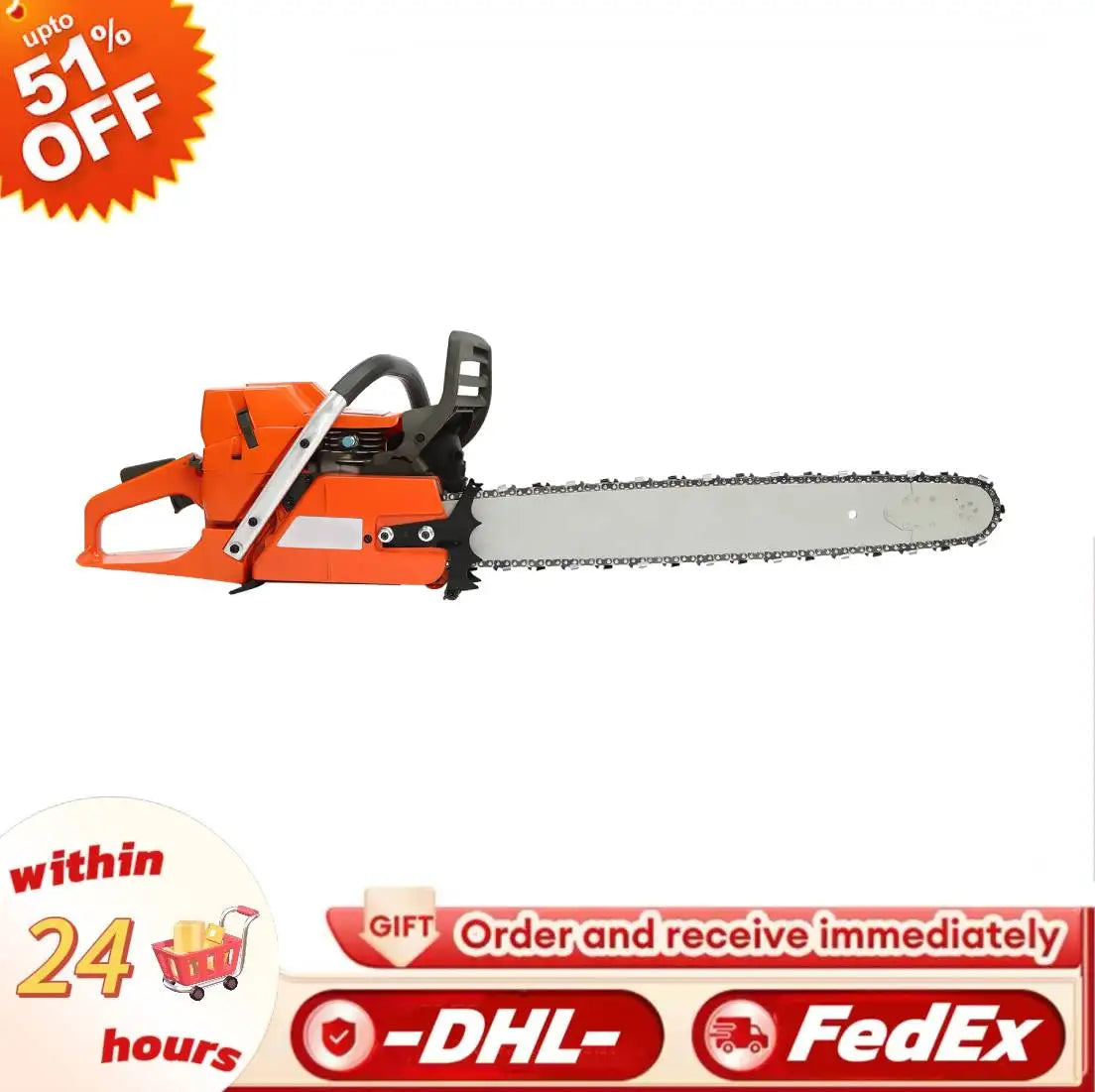 65/72cc Gas Chainsaw — 24" Guide Bar 2-Cycle Petrol Saw for Farm & Garden