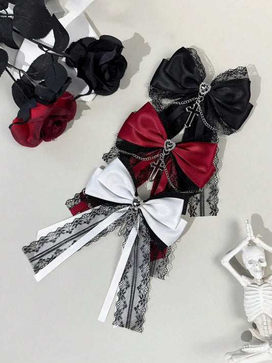 Gothic lace ribbon bow hair clip