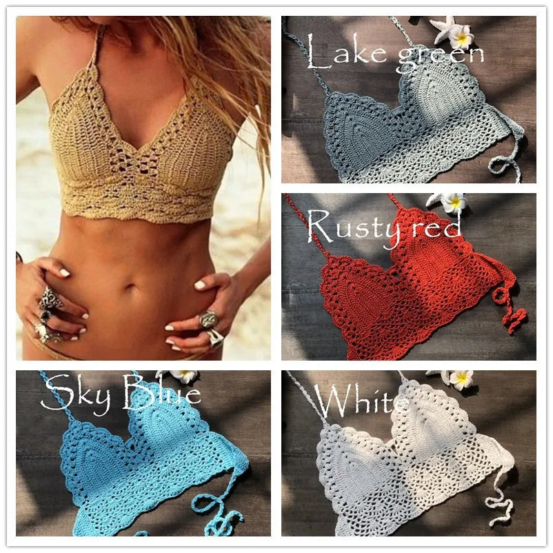 Sexy Beachwear Halter Neck Vest Crochet Crop Top Knit Bralette Bra Boho Beach Camisoles Bikini Tank Backless Tops