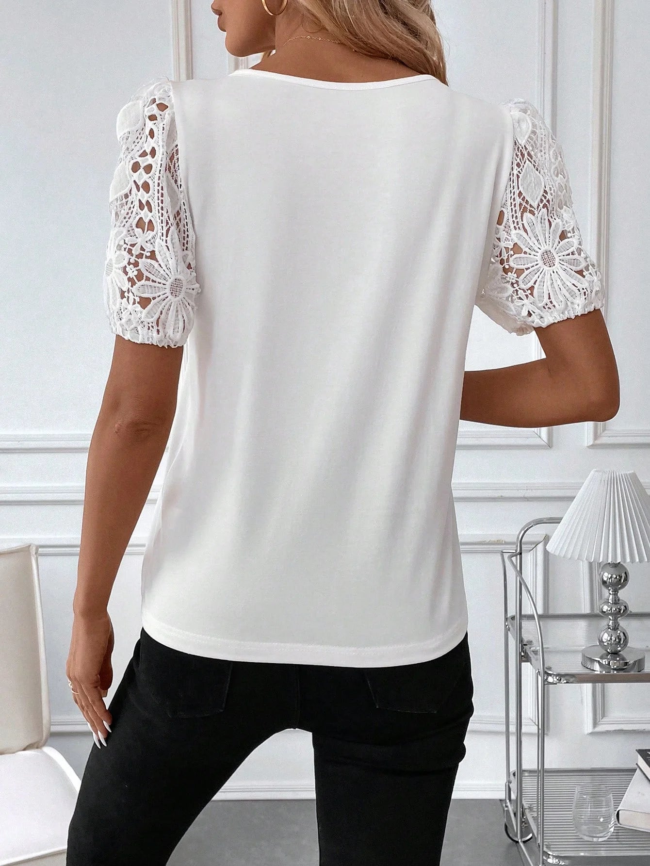 Women's V-Neck Lace Patchwork Short Sleeve T-Shirt – Slanted Neck Fashionable Casual Top