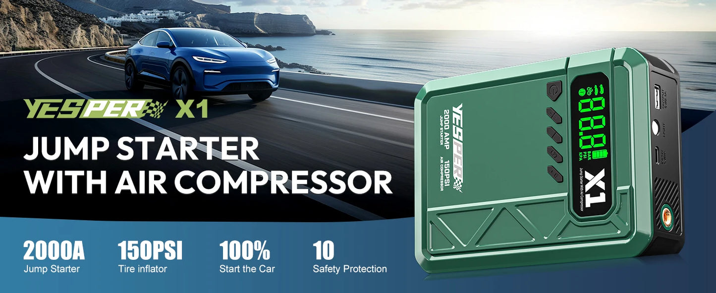 YESPER 2000A Jump Starter with 150PSI Air Compressor, Portable Car Battery Booster & Tire Inflator, Emergency LED Screen