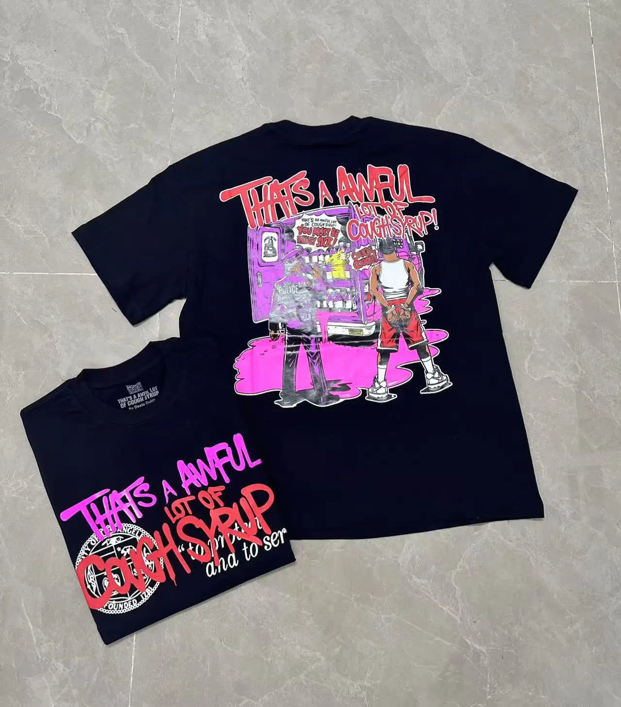 That's A Awful Lot of Cough Syrup Short Sleeve American Street Pop Hip-hop Cartoon Pattern Print Tops COUGH SYRUP T-shirt