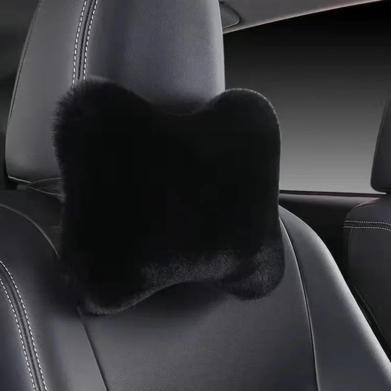 1pc Car Headrest Lumbar Pillow - Soft Imitation Rabbit Plush Comfort Cushion for All Seasons, Ergonomic Driver Support Headrest