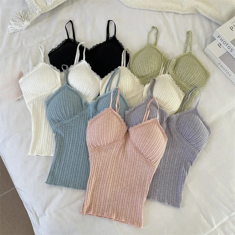 Korean Lace Deep-V Tank Top — Women's Padded Crop Camisole