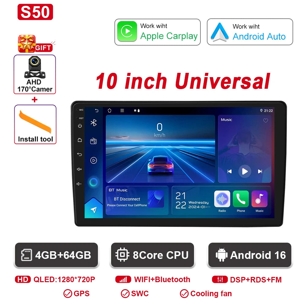 9"/10" Universal Car Stereo with Apple CarPlay & Android Auto (1 DIN)