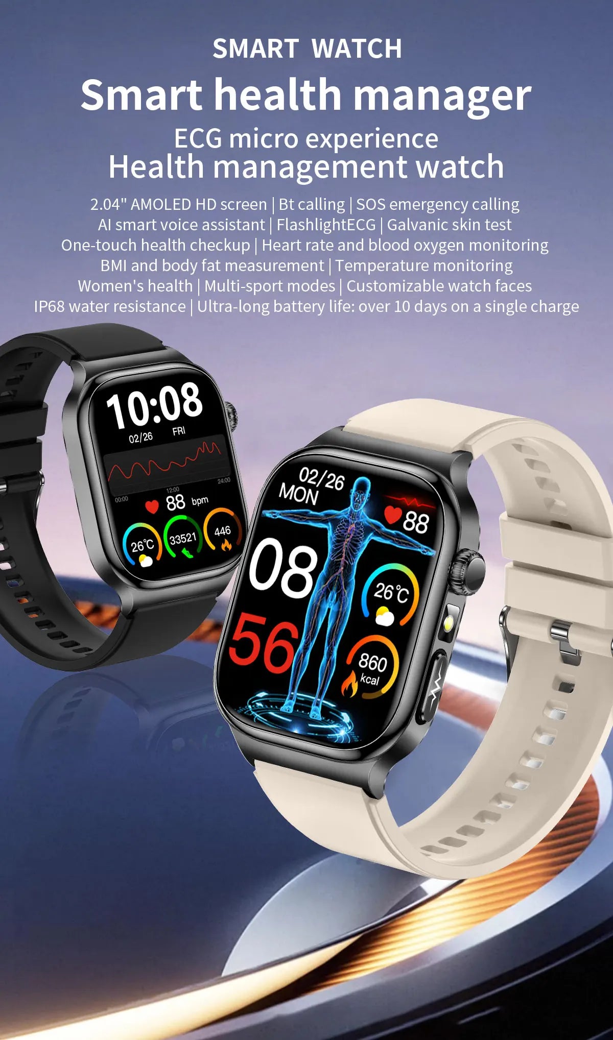2026 Five-Organ Health Smart Watch – Body Fat, Uric Acid, ECG, Blood Pressure & Bluetooth Call | Men & Women