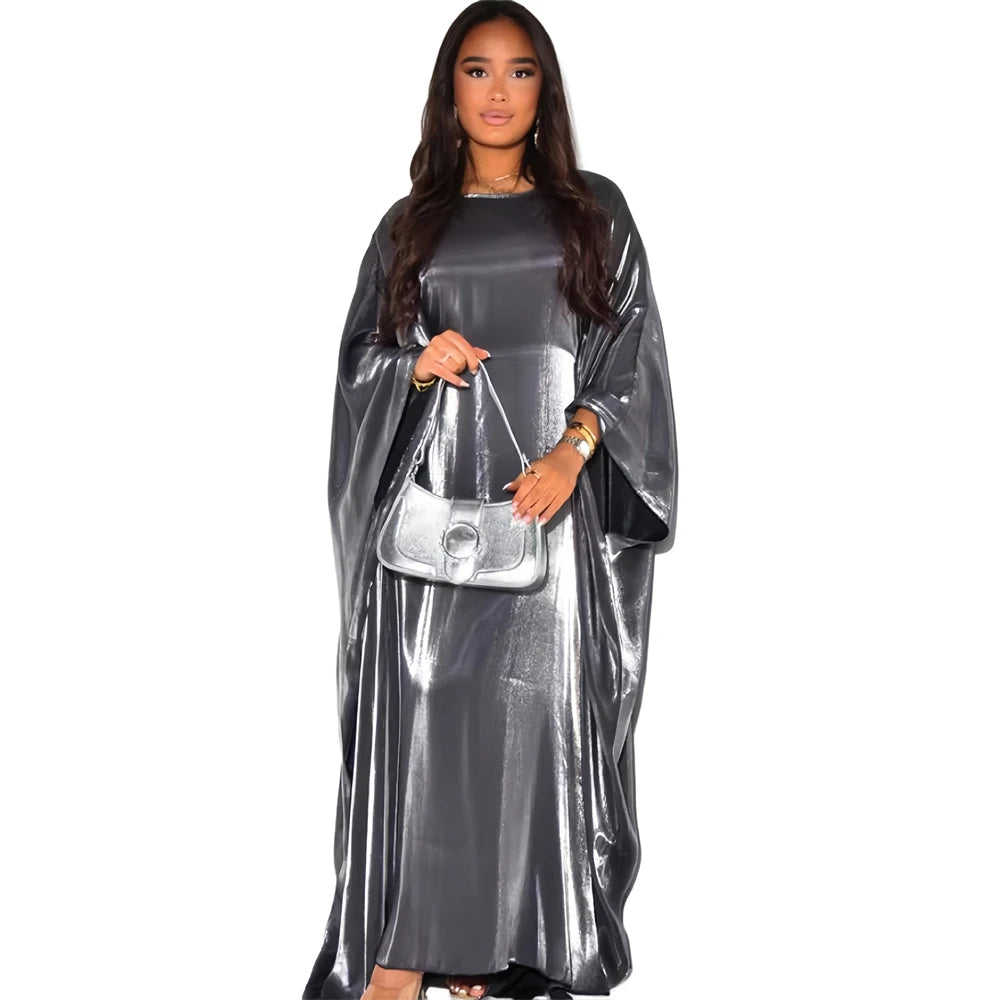 Shimmer Batwing Satin Abaya – Luxury Muslim Kaftan Dress for Eid & Ramadan