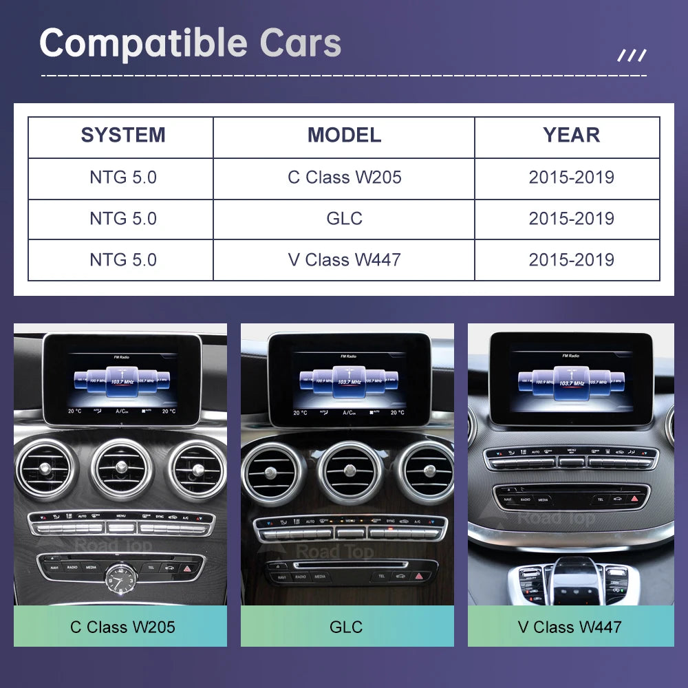 Linux Touchscreen for Mercedes-Benz W205 C/GLC/V-Class, GLA, CLA (2015–2019) — Wireless CarPlay, Android Auto, AirPlay