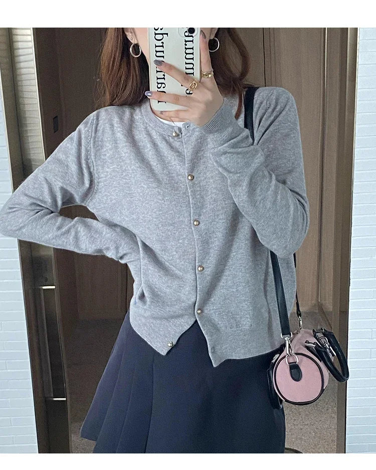 Women's round neck knit cardigan, button front — view 8 of 20