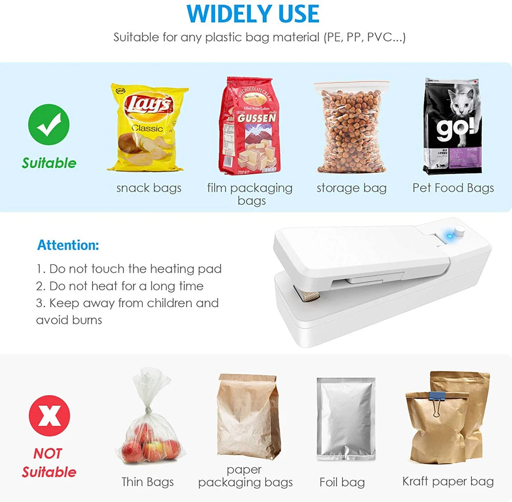 USB Mini Bag Sealer 2-in-1 Portable Heat Sealers Rechargeable Handheld Vacuum Heat Sealers &Cutter for Plastic Bag Storage Food