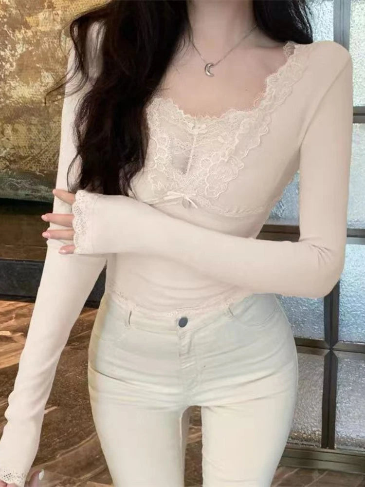 Pink V-neck Lace Edge Spliced Base Shirt Women Autumn Winter Inner Wear Elegant Fit Tops Harajuku Sweet Bow Casual Soft Clothes