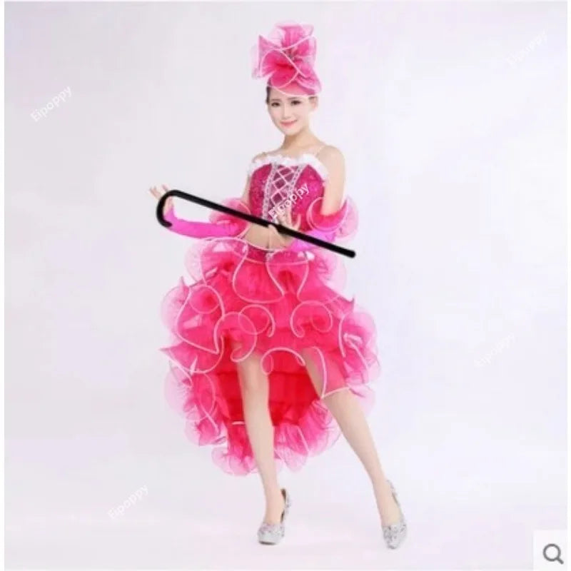 Women's pink sequin jazz costume set with top, skirt and cuffs